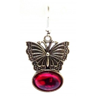 FUCHSIA BUTTERFLY Silver Oxidized Earring - Hook Dangle Drop - Fashion Novelty